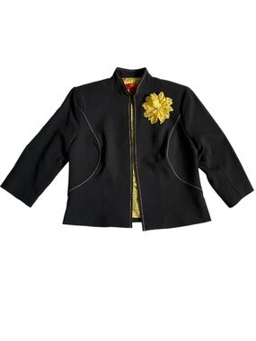 Vintage Sangria Black Blazer 4P Polka Dot Lining 3D Floral Pin Artsy Art-to-Wear